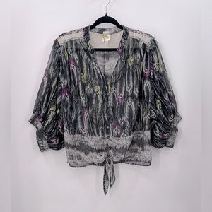 FIG & FLOWER Semi-Sheer Feather Print Blouse